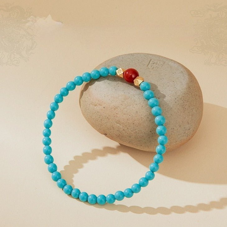 Green Turquoise & Red Agate Bracelet — Two Earth Stones, One Strand - Turquoise & Red AgateTibet Art