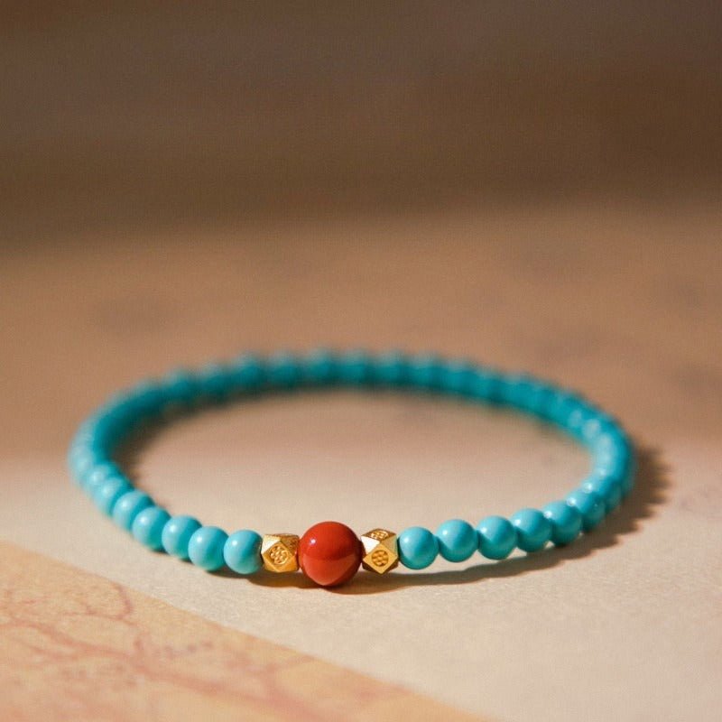 Green Turquoise & Red Agate Bracelet — Two Earth Stones, One Strand - Turquoise & Red AgateTibet Art