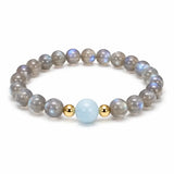 Gray Moonstone & Aquamarine Bracelet 8mm — Luck Transfer Bead for Calm Tibet Art
