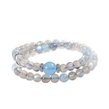 Grey Moonstone Double-Wrap Bracelet — Aquamarine Lucky Sliding Bead, Chinese Style Tibet Art