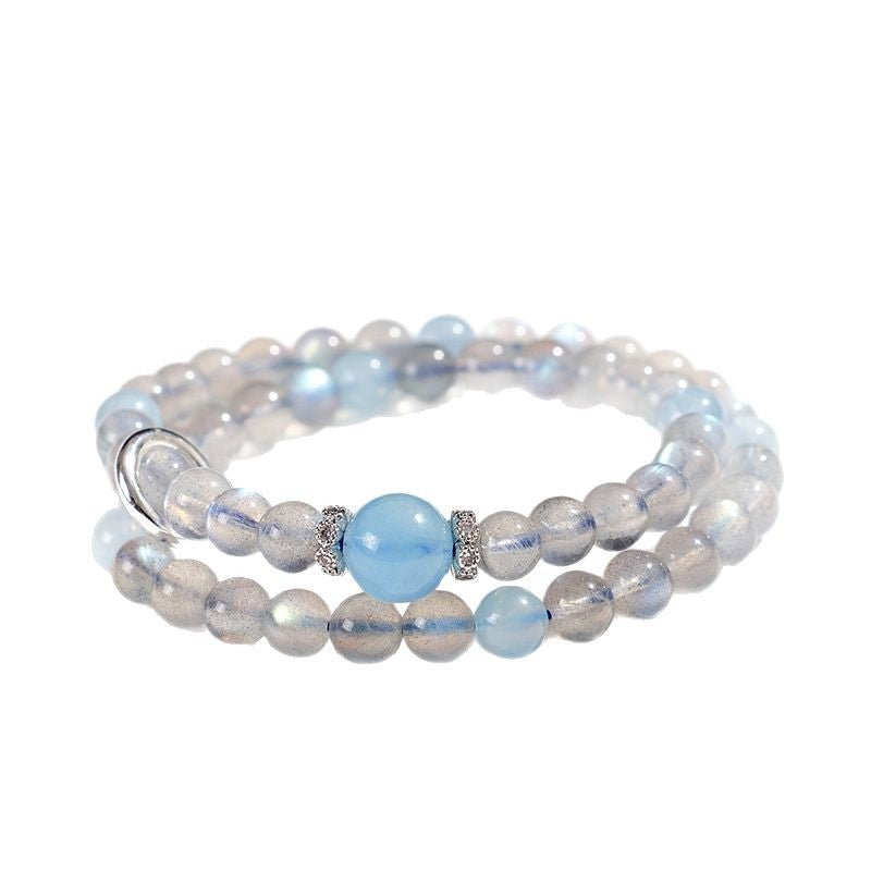 Grey Moonstone Double-Wrap Bracelet — Aquamarine Lucky Sliding Bead, Chinese Style Tibet Art
