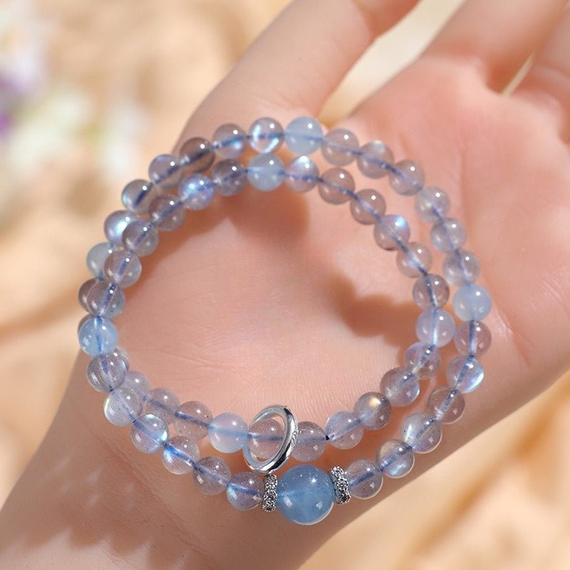 Grey Moonstone Double-Wrap Bracelet — Aquamarine Lucky Sliding Bead, Chinese Style Tibet Art