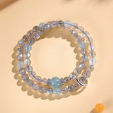 Grey Moonstone Double-Wrap Bracelet — Aquamarine Lucky Sliding Bead, Chinese Style Tibet Art
