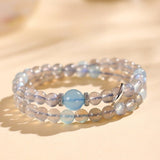 Grey Moonstone Double-Wrap Bracelet — Aquamarine Lucky Sliding Bead, Chinese Style Tibet Art