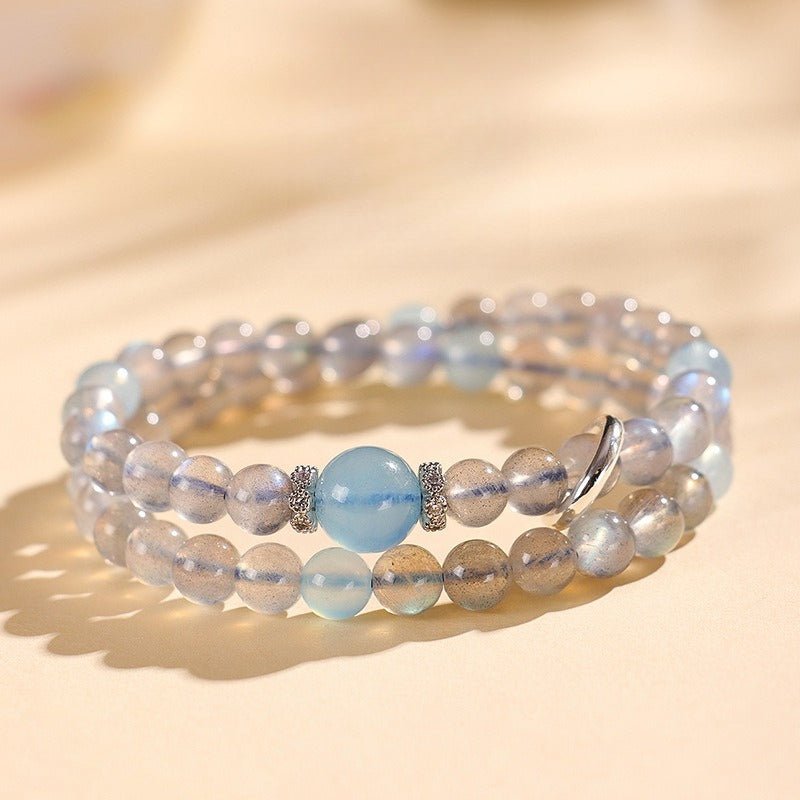 Grey Moonstone Double-Wrap Bracelet — Aquamarine Lucky Sliding Bead, Chinese Style Tibet Art