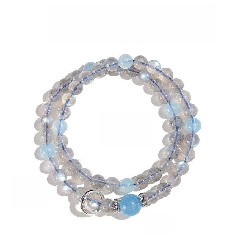 Grey Moonstone Double-Wrap Bracelet — Aquamarine Lucky Sliding Bead, Chinese Style Tibet Art