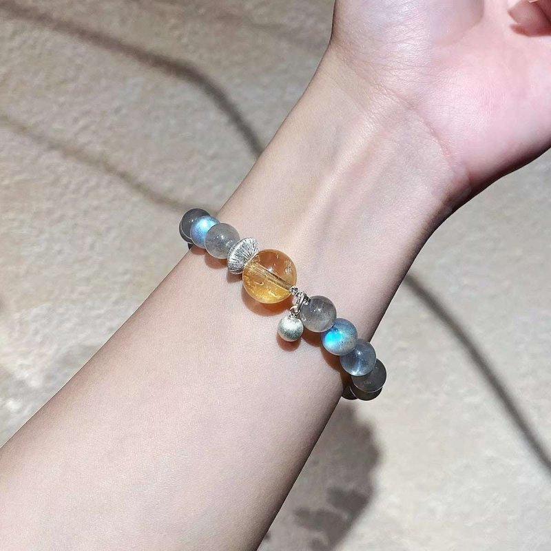 Gray Moonstone & Citrine Bracelet 8mm — Minimalist Stone Pairing for Steady Focus Tibet Art