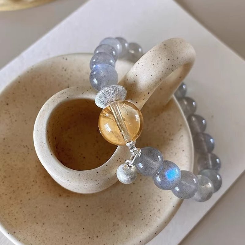 Gray Moonstone & Citrine Bracelet 8mm — Minimalist Stone Pairing for Steady Focus Tibet Art