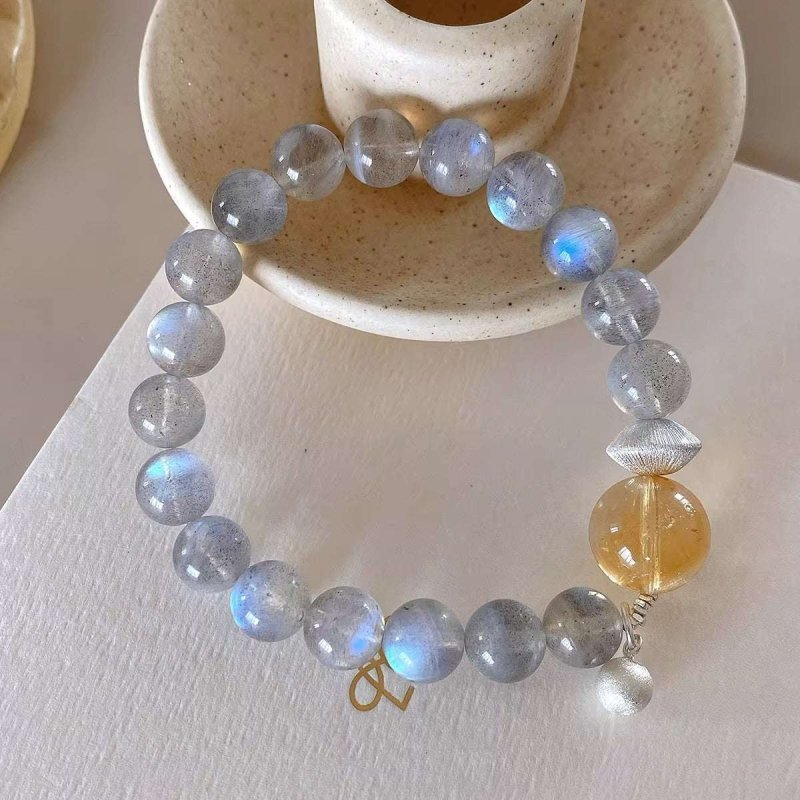 Gray Moonstone & Citrine Bracelet 8mm — Minimalist Stone Pairing for Steady Focus Tibet Art