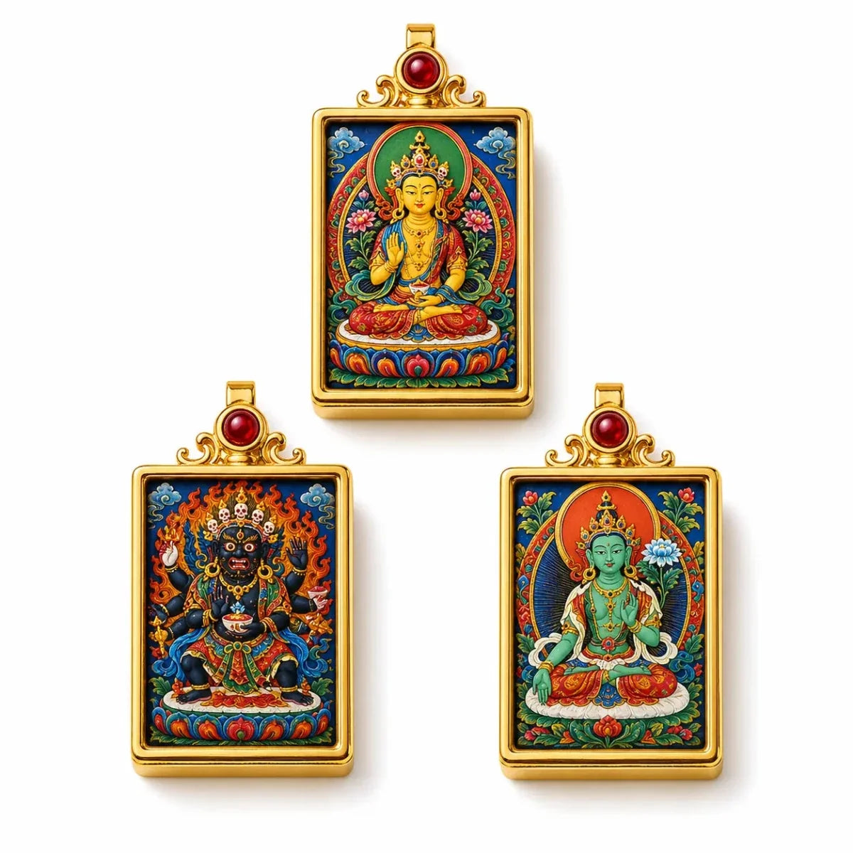 Tibetan Thangka Tsa-Tsa Pendant — Hand-Painted Deity Amulet in Gold-Plated Frame Tibet Art