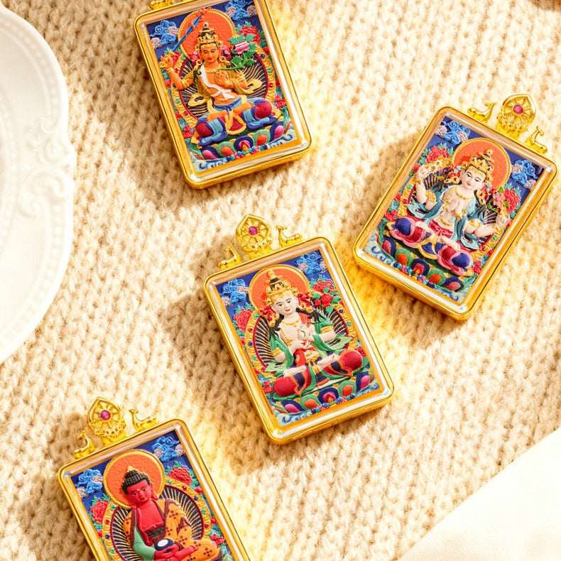 Tibetan Thangka Tsa-Tsa Pendant — Hand-Painted Deity Amulet in Gold-Plated Frame Tibet Art