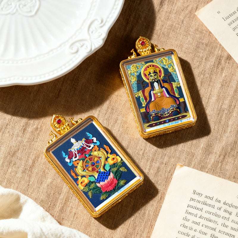 Tibetan Thangka Tsa-Tsa Pendant — Hand-Painted Deity Amulet in Gold-Plated Frame Tibet Art