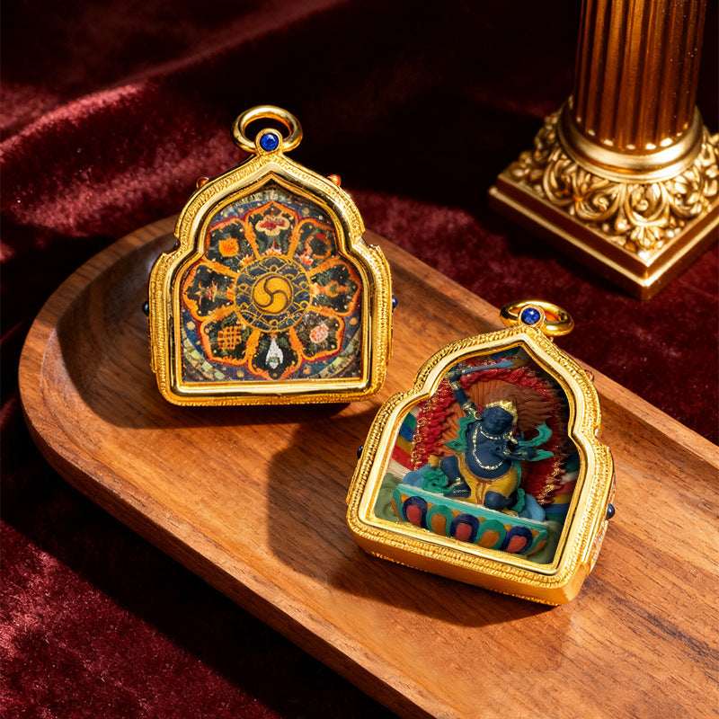 Tibetan Thangka Deity Pendant — Hand-Painted Tsa-Tsa Amulet, Wealth & Protection Figures Tibet Art