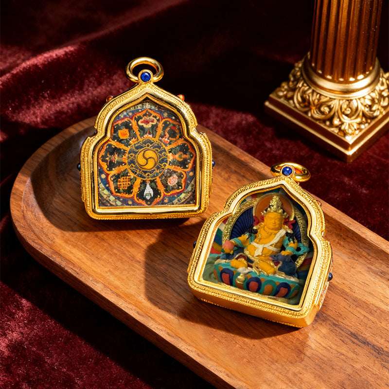 Tibetan Thangka Deity Pendant — Hand-Painted Tsa-Tsa Amulet, Wealth & Protection Figures Tibet Art