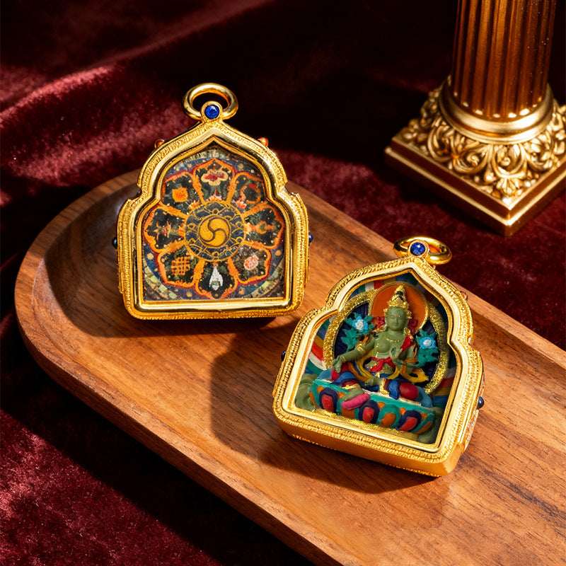 Tibetan Thangka Deity Pendant — Hand-Painted Tsa-Tsa Amulet, Wealth & Protection Figures Tibet Art