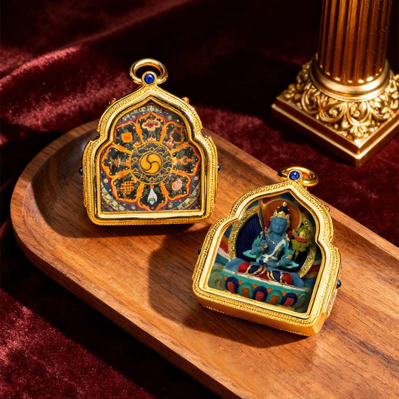 Tibetan Thangka Deity Pendant — Hand-Painted Tsa-Tsa Amulet, Wealth & Protection Figures Tibet Art
