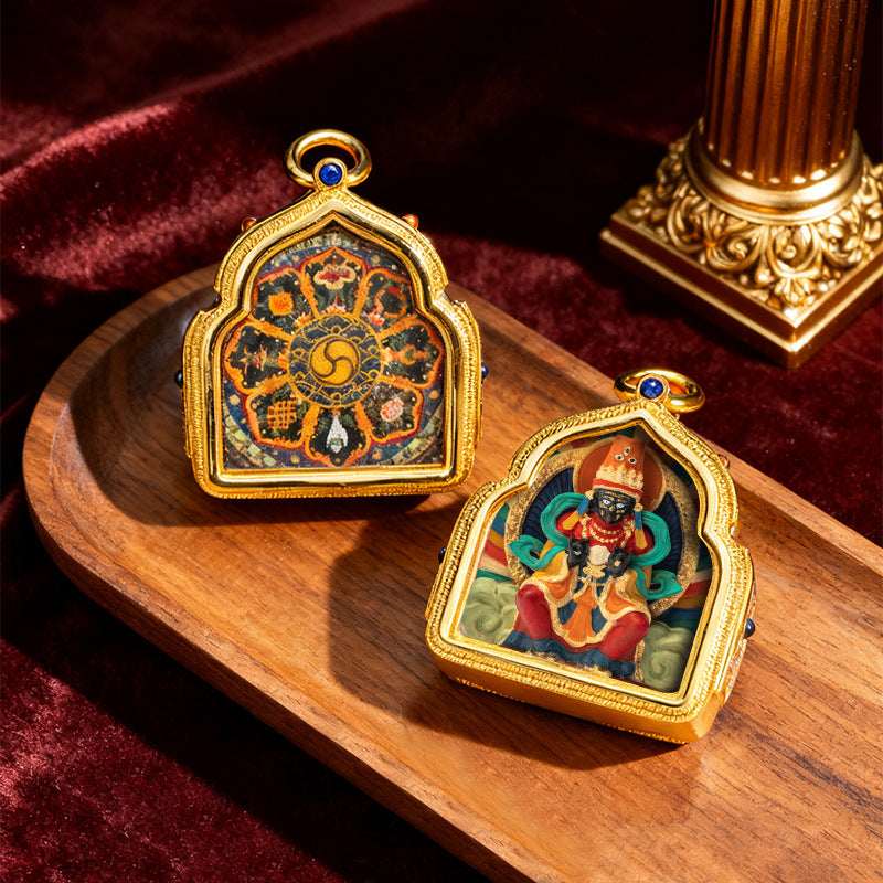 Tibetan Thangka Deity Pendant — Hand-Painted Tsa-Tsa Amulet, Wealth & Protection Figures Tibet Art