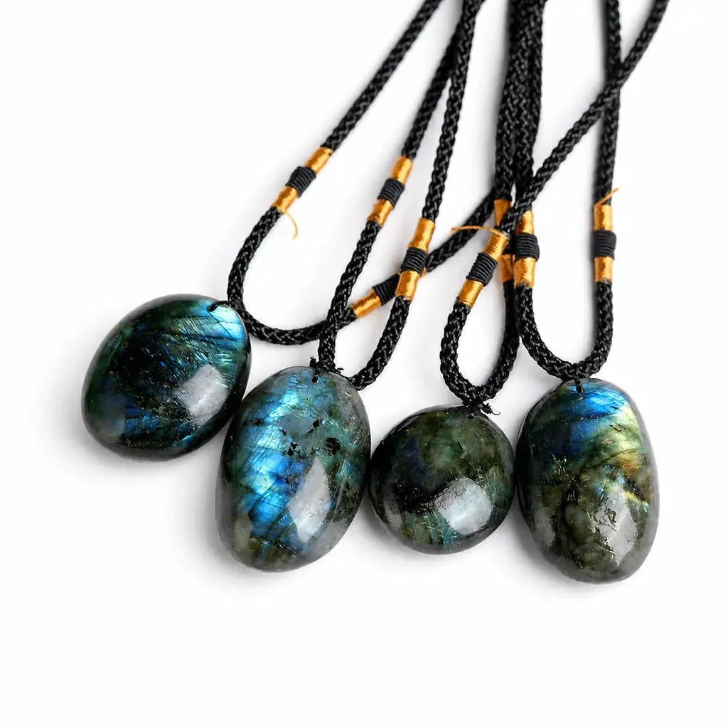 Labradorite Cord Necklace — Drilled Stone in Three Shapes Tibet Art