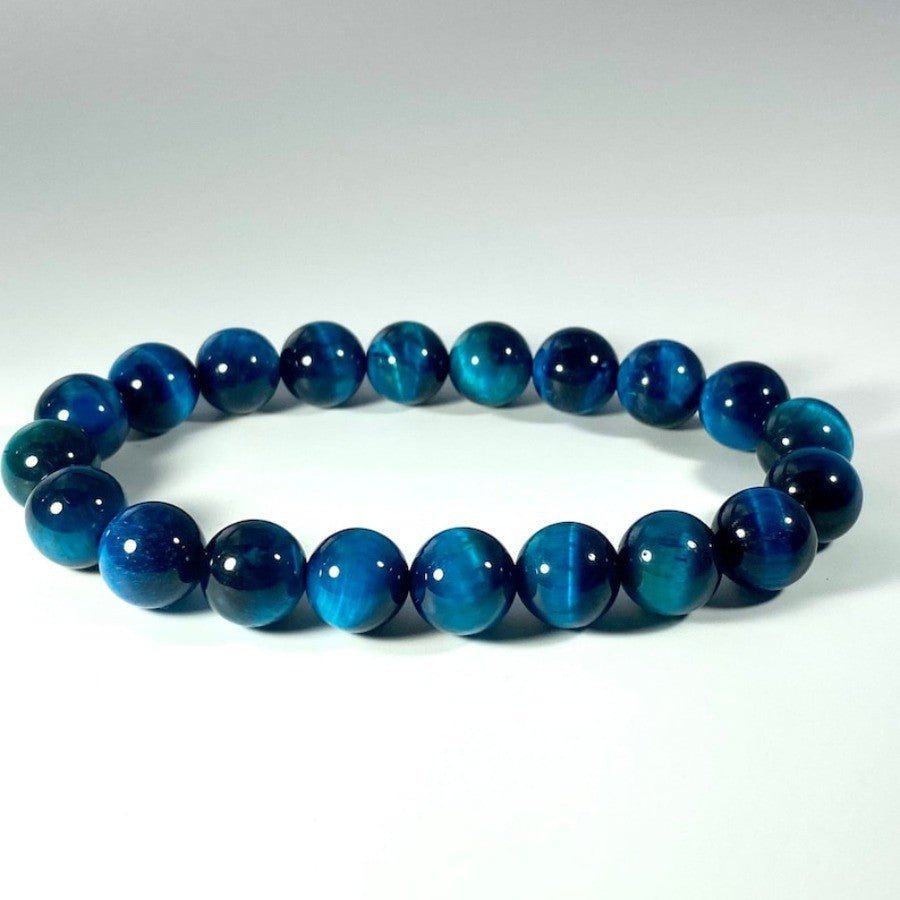 Light Blue & Blue Tiger Eye Bracelet — Natural Collector-Grade Hawk Eye Bead Strand - Blue Tiger Eye12mmTibet Art