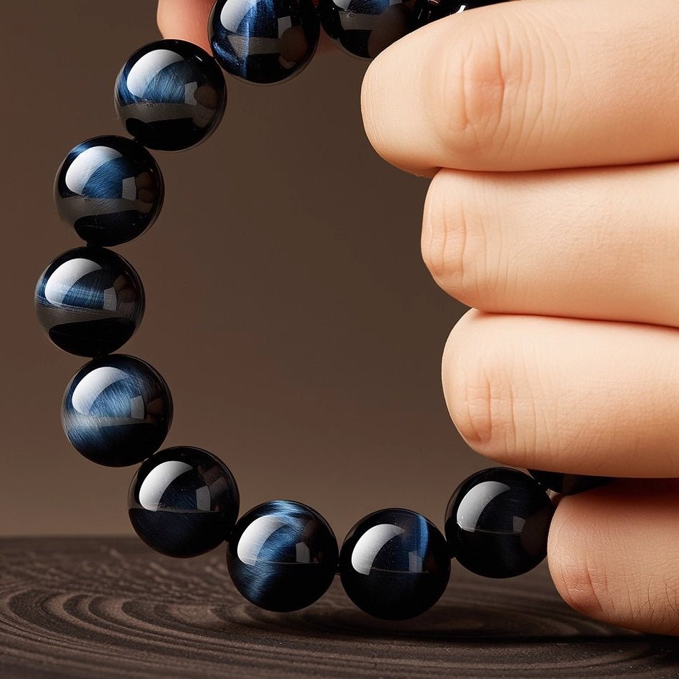 Light Blue & Blue Tiger Eye Bracelet — Natural Collector-Grade Hawk Eye Bead Strand - Blue Tiger Eye14mmTibet Art