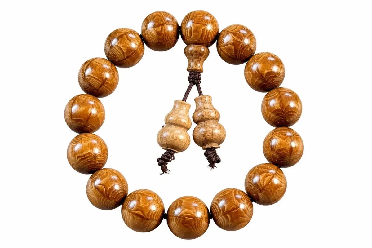 Liudao Wood Mala Bracelet — Six-Path Buddhist Prayer Beads in Natural Aged Hardwood - 12mm × 17 Beads — Gourd Pendant StyleTibet Art