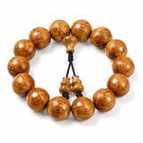 Liudao Wood Mala Bracelet — Six-Path Buddhist Prayer Beads in Natural Aged Hardwood - 15mm × 15 Beads — Gourd Pendant StyleTibet Art