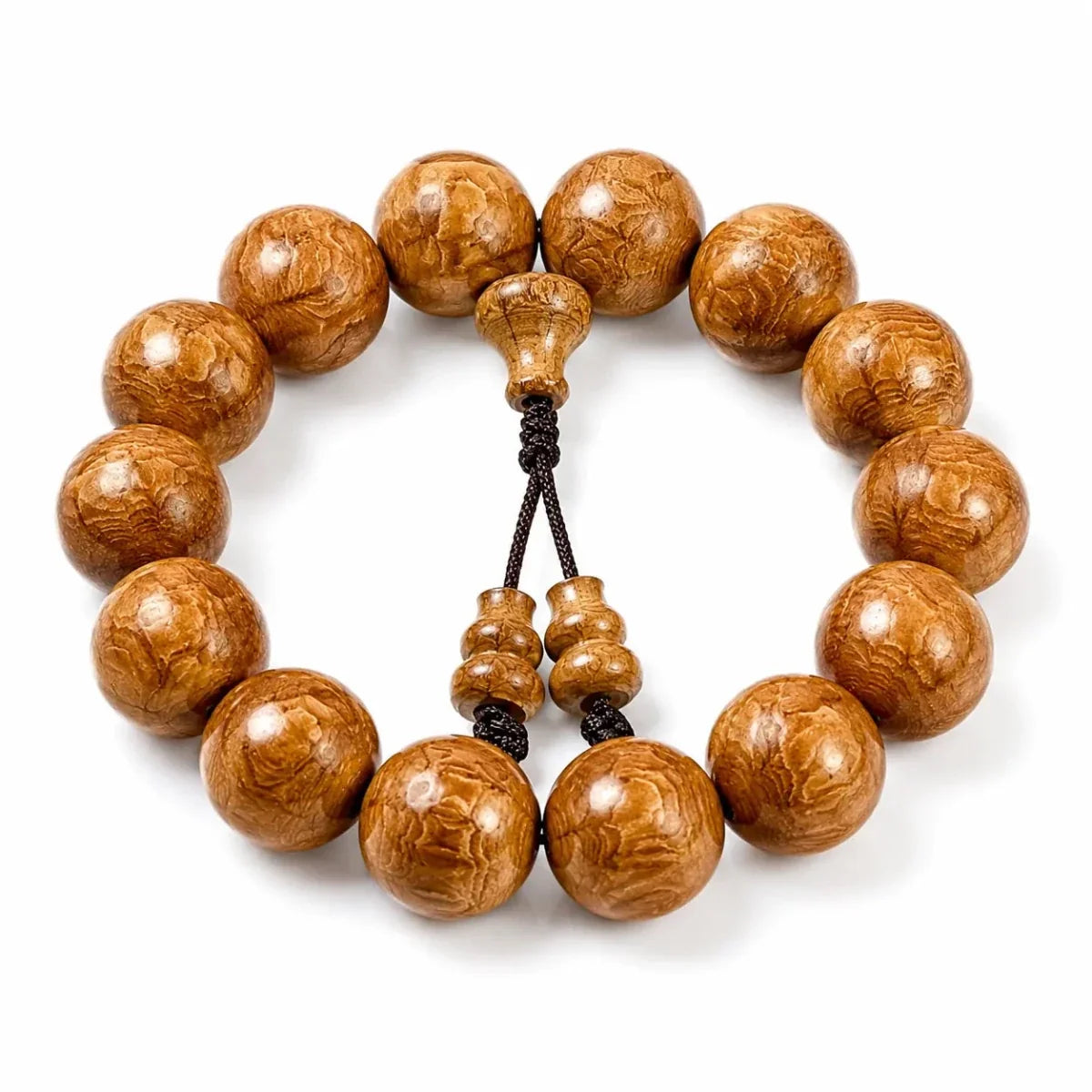 Liudao Wood Mala Bracelet — Six-Path Buddhist Prayer Beads in Natural Aged Hardwood - 15mm × 15 Beads — Gourd Pendant StyleTibet Art