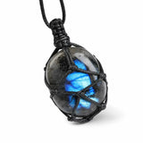 Macrame Labradorite Necklace — Adjustable Woven Stone Net Tibet Art