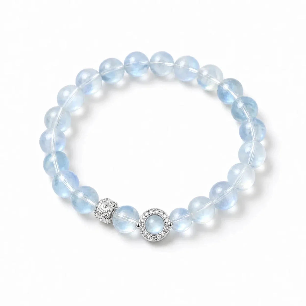 Moonstone & Aquamarine Bead Bracelet — Soft Glow Charm for Luck & Love Tibet Art