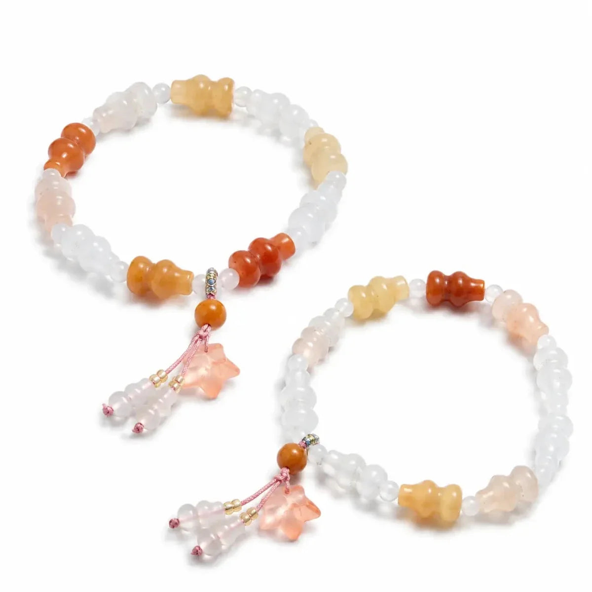 Tianshan Green Jade Bead Bracelet — Natural Stone Single-Wrap for Calm & Clarity - Pink Gourd 6x12mm with Flower TasselTibet Art