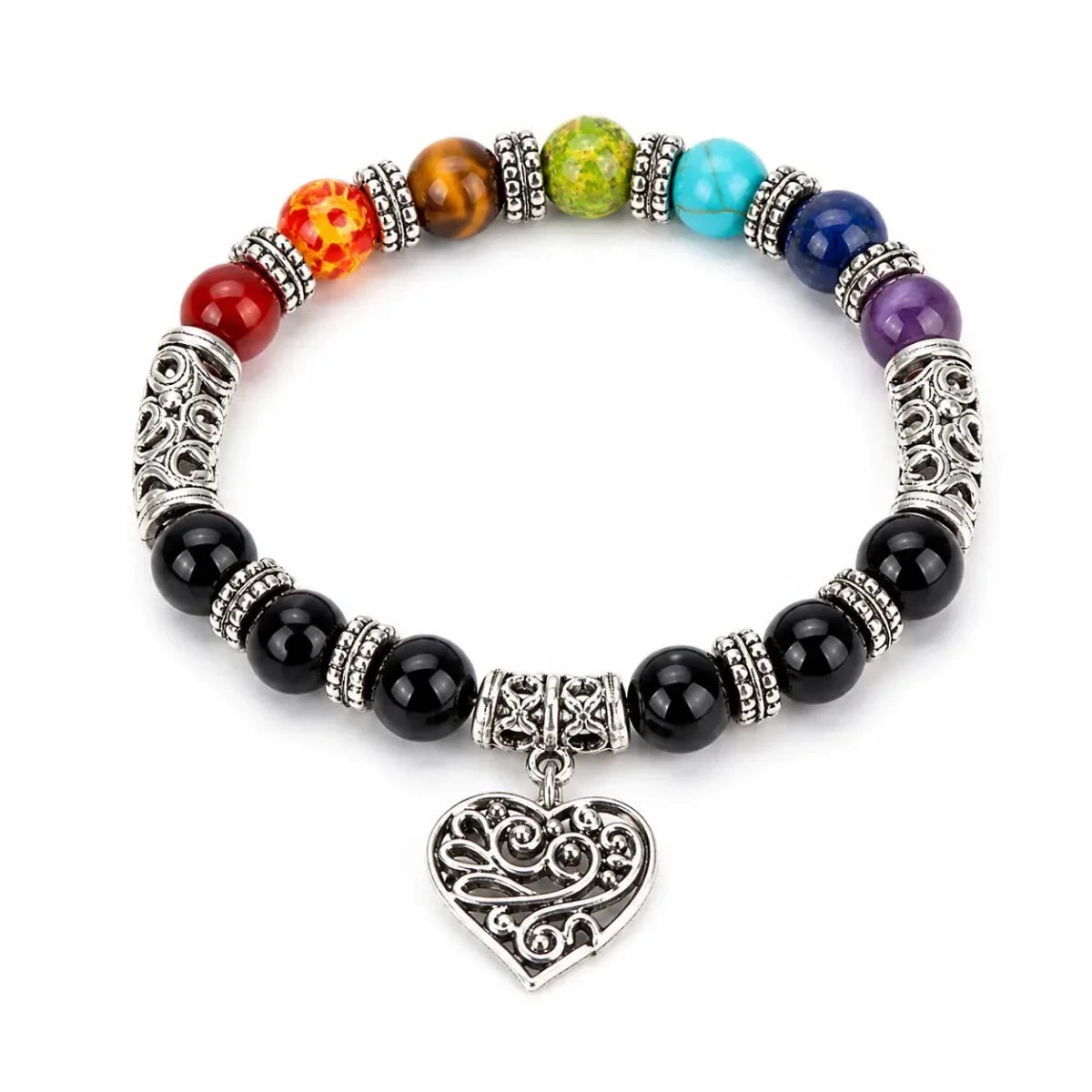 Chakra Healing Bracelet - Natural Stone Heart Charm Bracelet for Balance & Energy Tibet Art