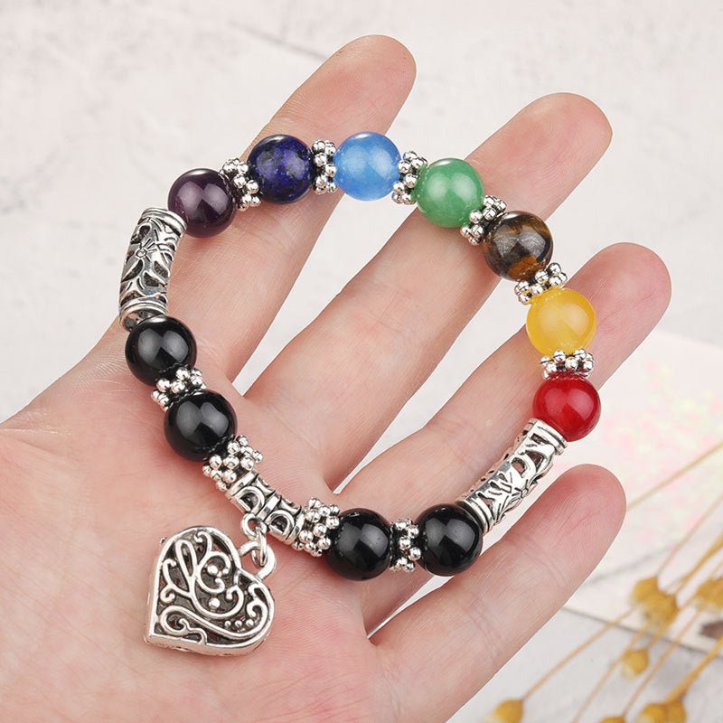 Chakra Healing Bracelet - Natural Stone Heart Charm Bracelet for Balance & Energy - Tibet Art