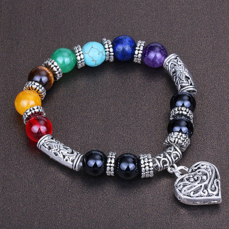 Chakra Healing Bracelet - Natural Stone Heart Charm Bracelet for Balance & Energy - Tibet Art