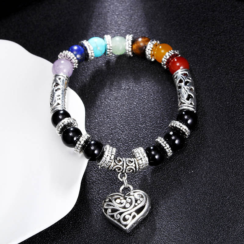 Chakra Healing Bracelet - Natural Stone Heart Charm Bracelet for Balance & Energy - Tibet Art
