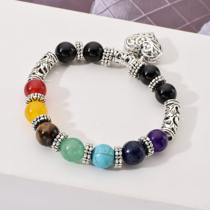 Chakra Healing Bracelet - Natural Stone Heart Charm Bracelet for Balance & Energy - Tibet Art