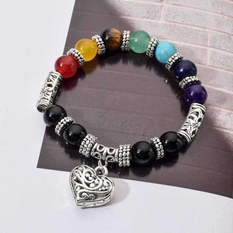 Chakra Healing Bracelet - Natural Stone Heart Charm Bracelet for Balance & Energy - Tibet Art