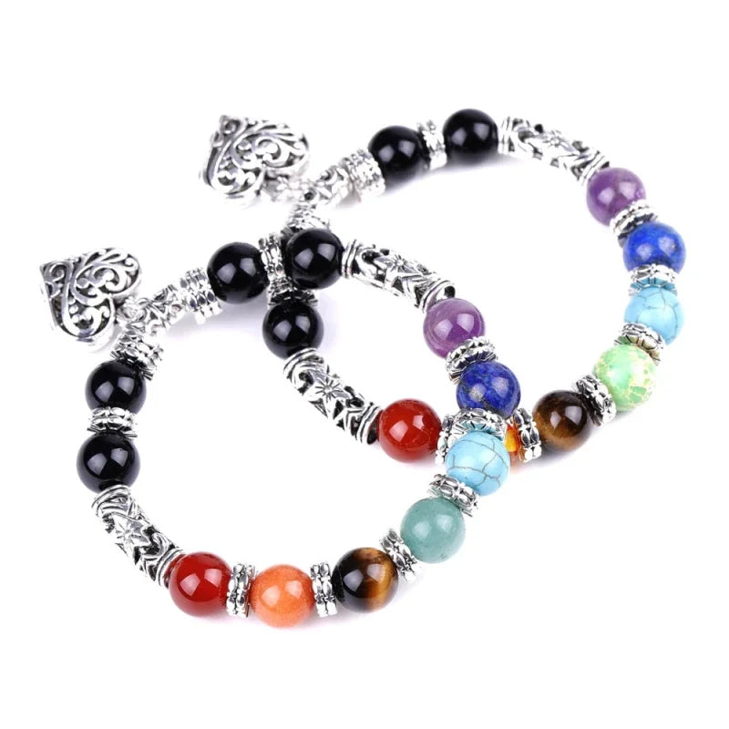 Chakra Healing Bracelet - Natural Stone Heart Charm Bracelet for Balance & Energy - Tibet Art