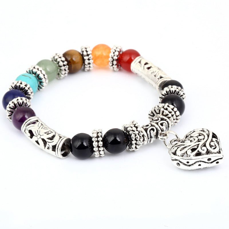 Chakra Healing Bracelet - Natural Stone Heart Charm Bracelet for Balance & Energy - Tibet Art