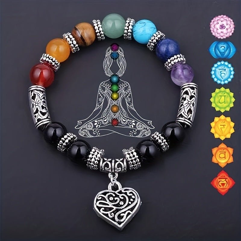 Chakra Healing Bracelet - Natural Stone Heart Charm Bracelet for Balance & Energy - Tibet Art