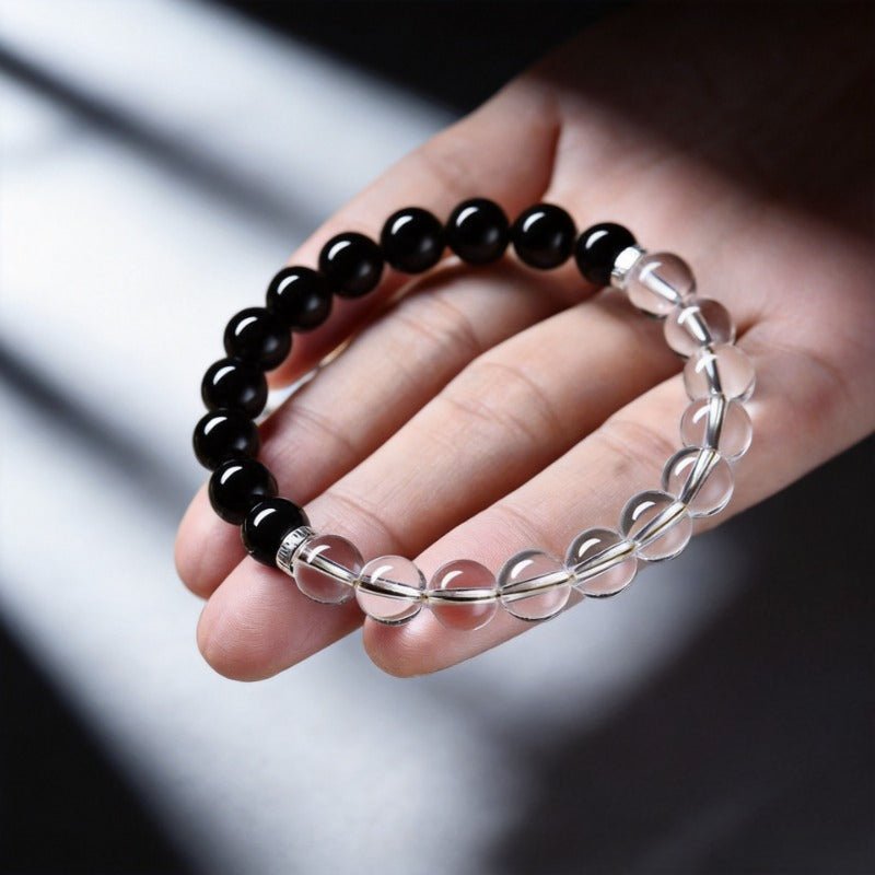Black Obsidian & Clear Quartz Bracelet — Dark and Light, Side by Side - 6mm BeadsTibet Art