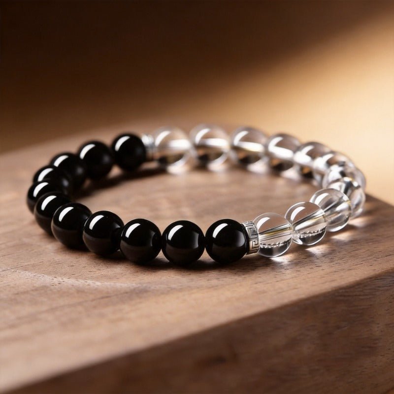 Black Obsidian & Clear Quartz Bracelet — Dark and Light, Side by Side - 6mm BeadsTibet Art