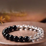 Black Obsidian & Clear Quartz Bracelet — Dark and Light, Side by Side - 6mm BeadsTibet Art