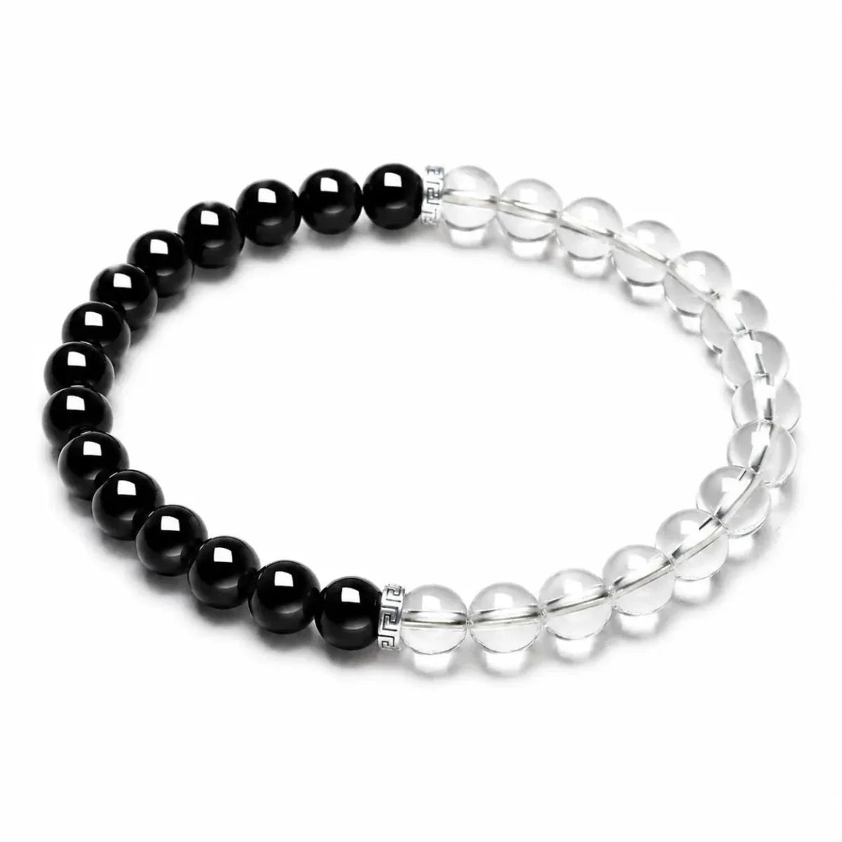 Black Obsidian & Clear Quartz Bracelet — Dark and Light, Side by Side - 6mm BeadsTibet Art