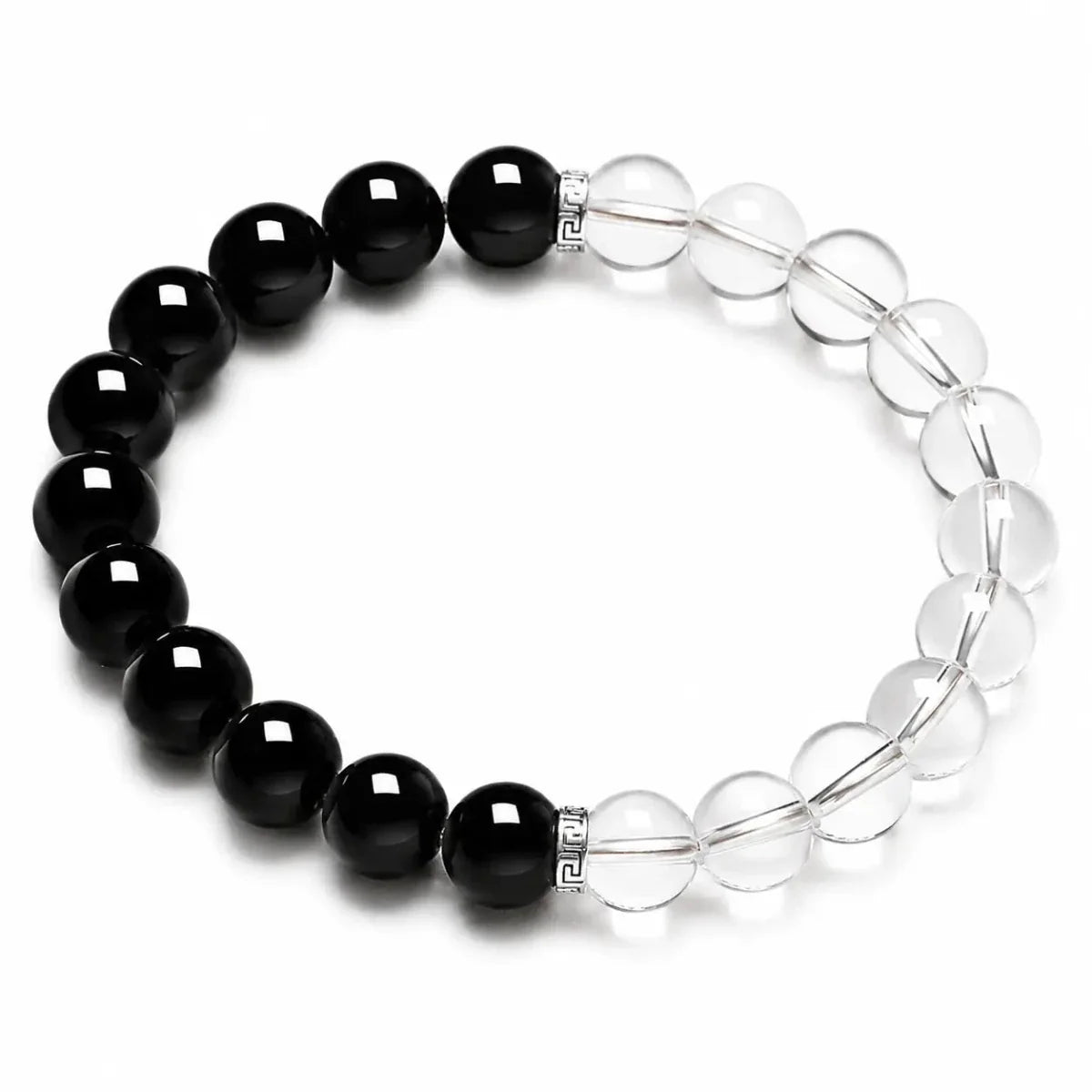 Black Obsidian & Clear Quartz Bracelet — Dark and Light, Side by Side - 8mm BeadsTibet Art