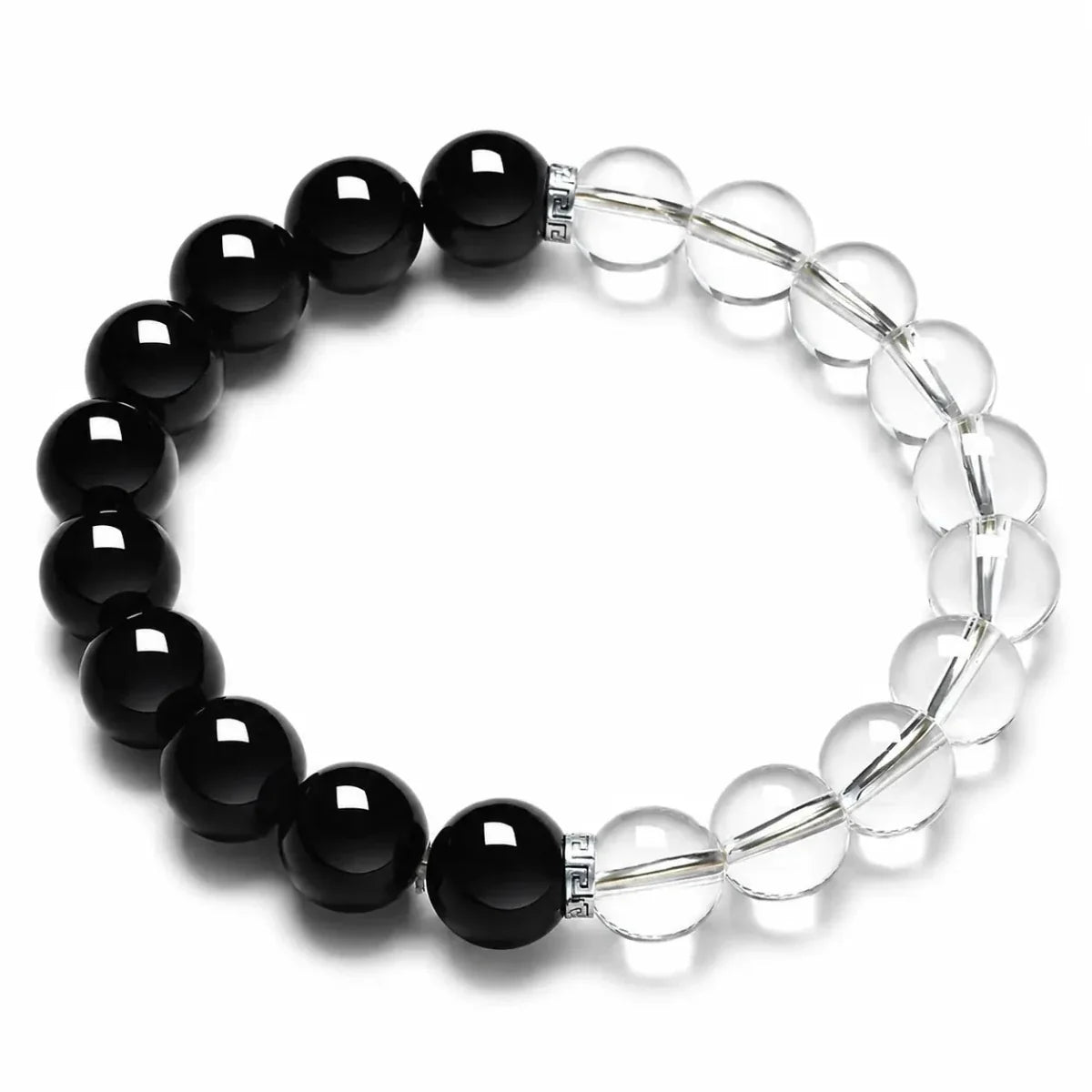 Black Obsidian & Clear Quartz Bracelet — Dark and Light, Side by Side - 10mm BeadsTibet Art