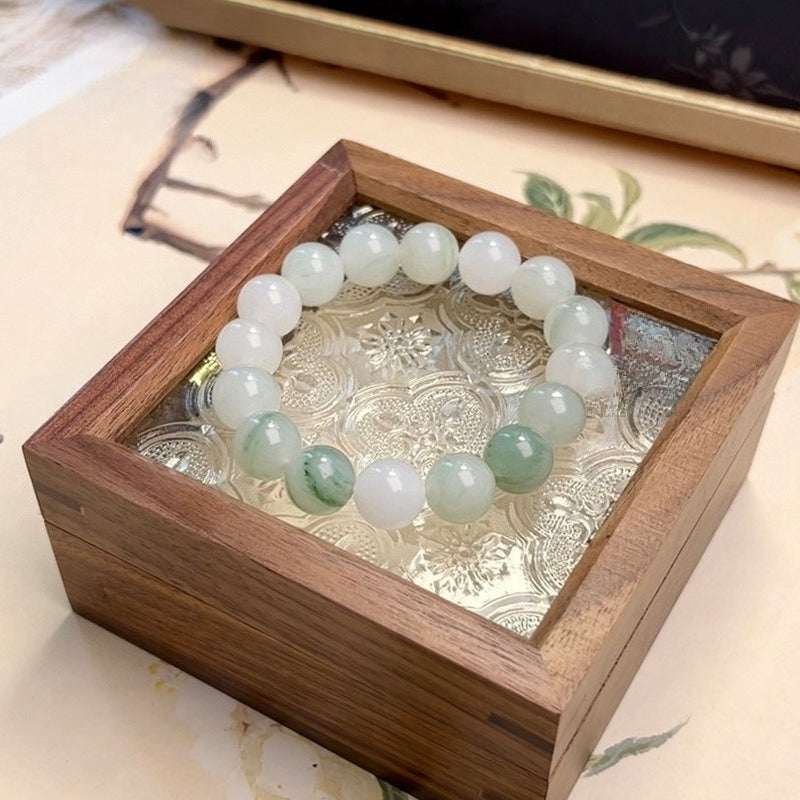 Tianshan Jade 10mm Round Bead Bracelet — Natural Green Stone, 18-Bead Single Wrap Tibet Art