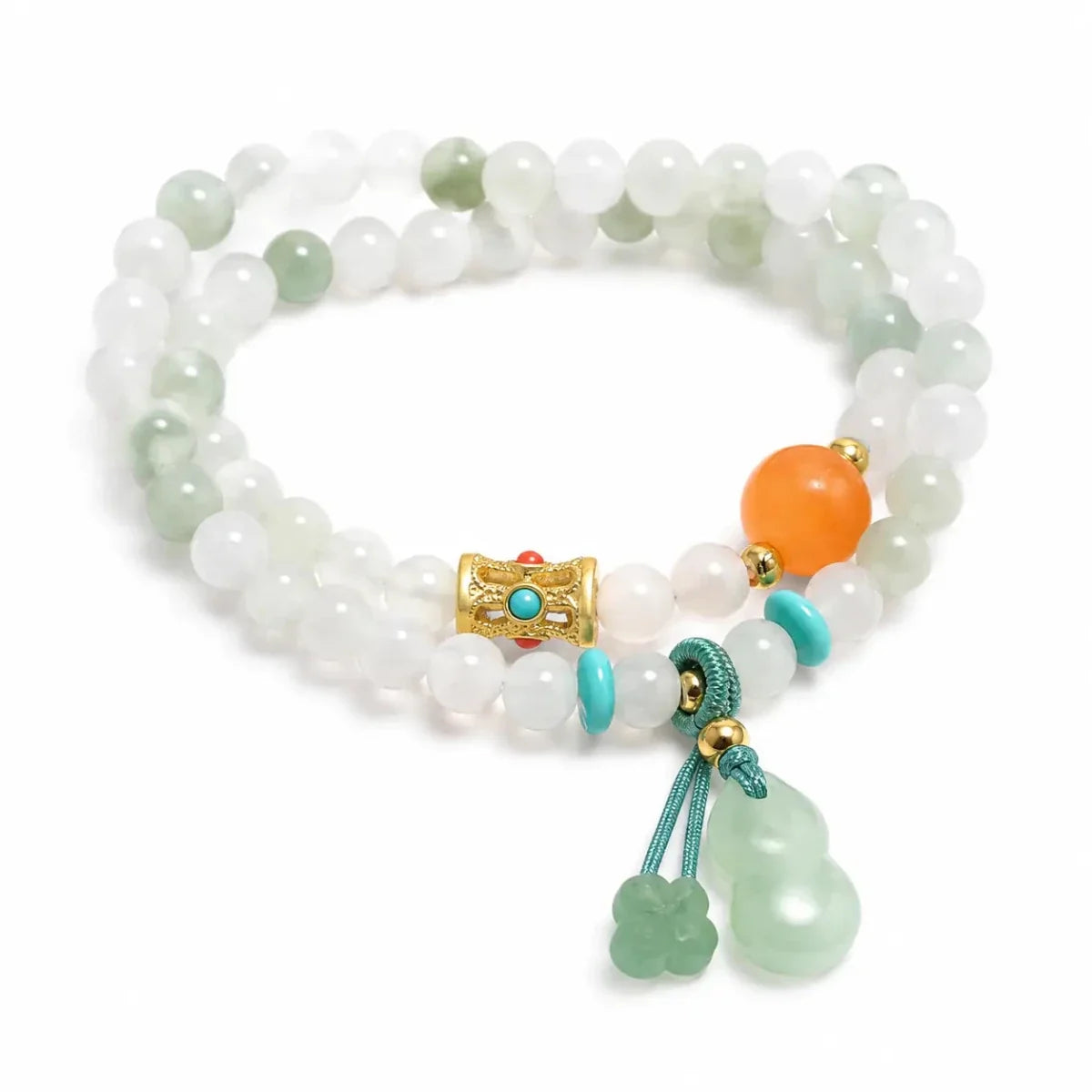 Xinjiang Gold-Silk Jade Multi-Wrap Bracelet — Stackable Layers with Pendant Charms - Double-Wrap with Green Jade DropTibet Art