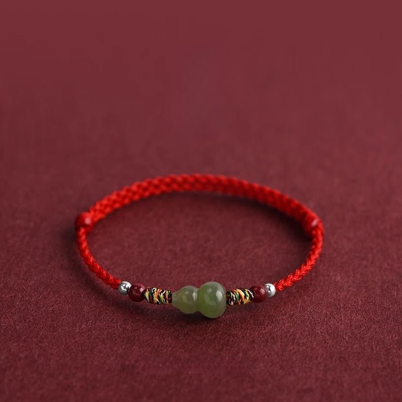 Hetian Jade Gourd Bracelet — Red String with Cinnabar Fortune Bead - Peace Red BraceletTibet Art
