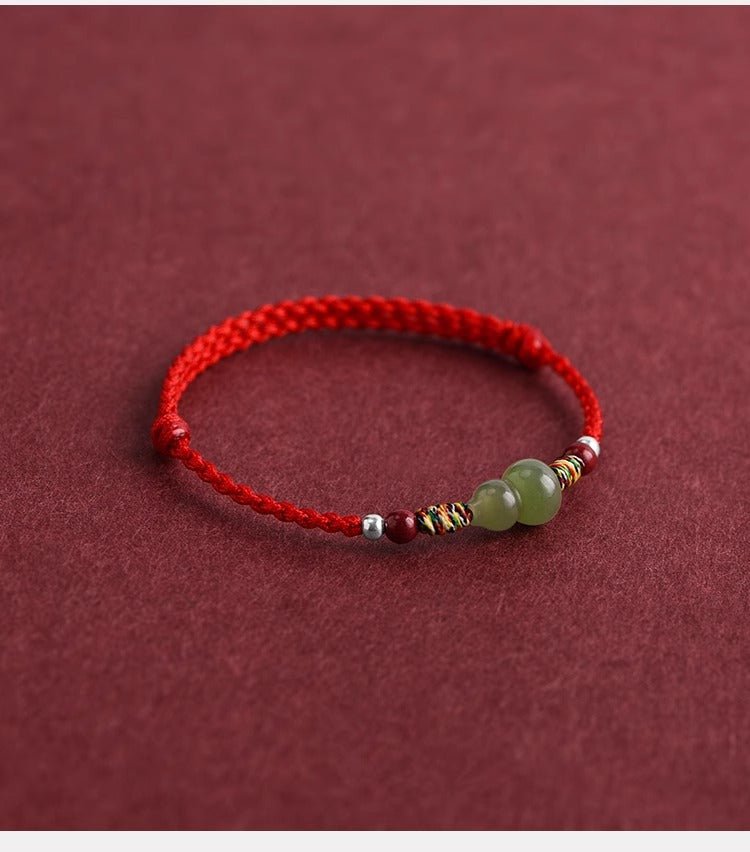 Hetian Jade Gourd Bracelet — Red String with Cinnabar Fortune Bead - Peace Red BraceletTibet Art