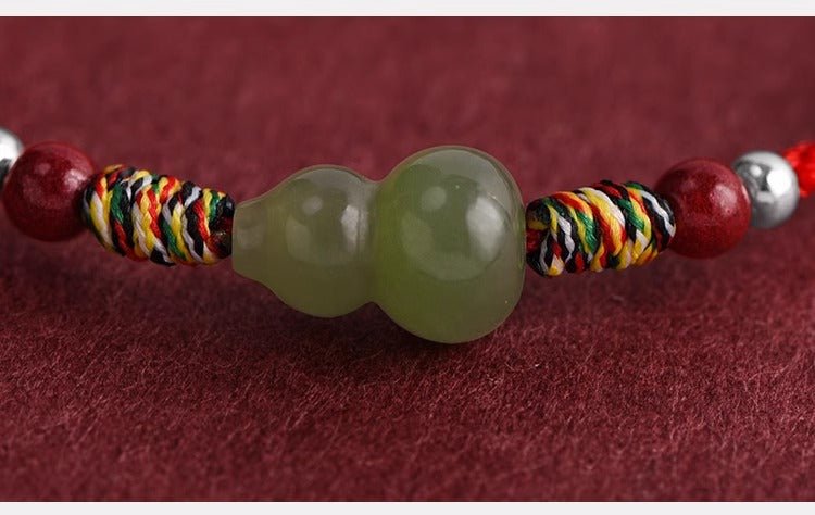 Hetian Jade Gourd Bracelet — Red String with Cinnabar Fortune Bead - Peace Red BraceletTibet Art